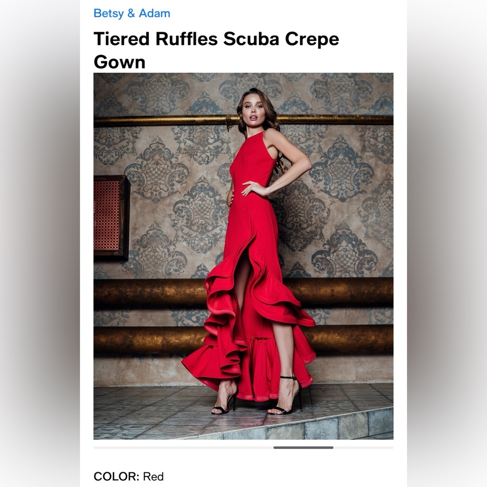 NWT! Betsey and Adam RED Tiered Ruffles Scuba Crepe Gown, Size 2